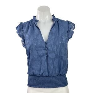 Haver Women's Blue Floral Embroidered Ruffle V Neck Smocked Blouse Top Size M